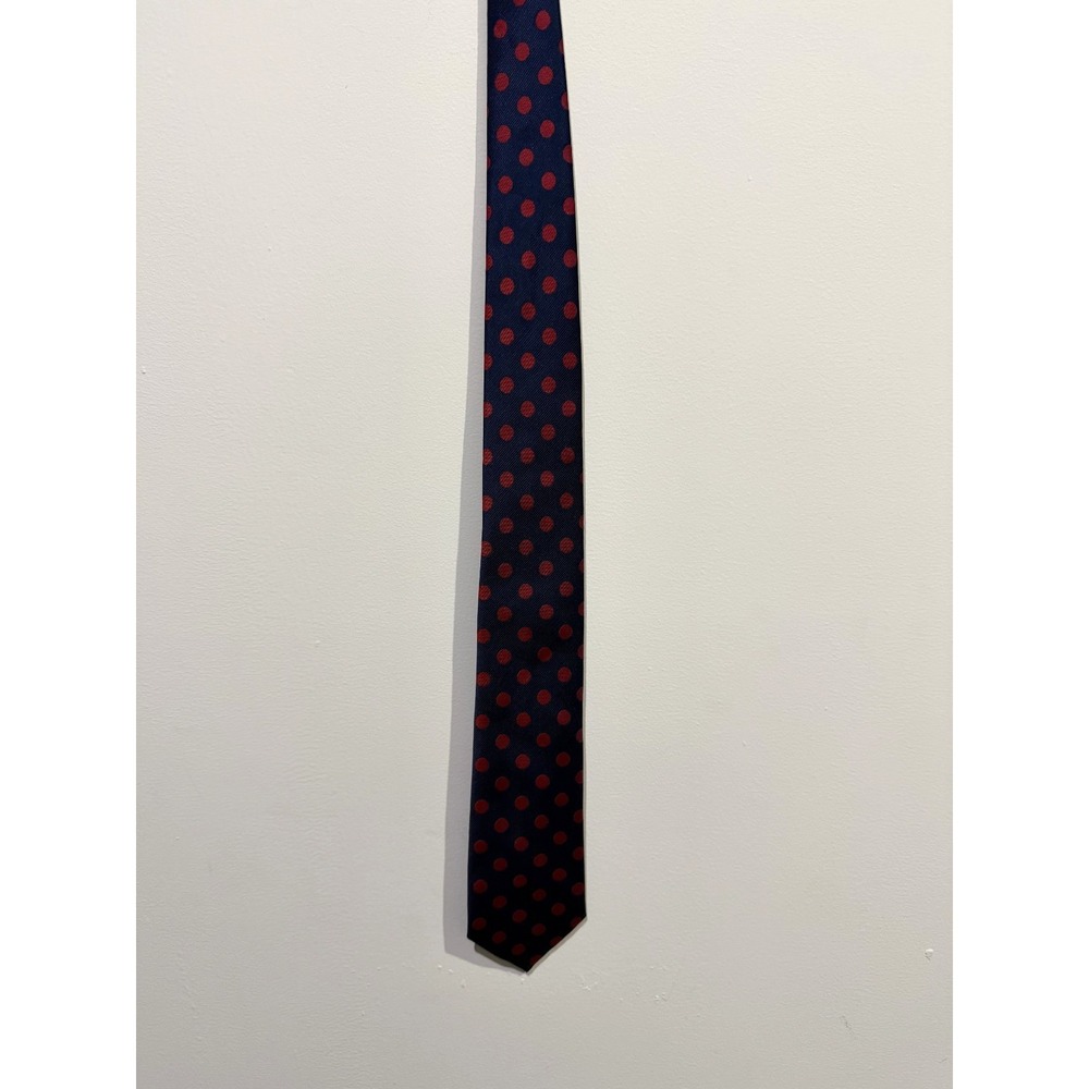 Nick Graham Handmade 100% Polyester Tie Navy Blue Red Polka Dot Mens Necktie